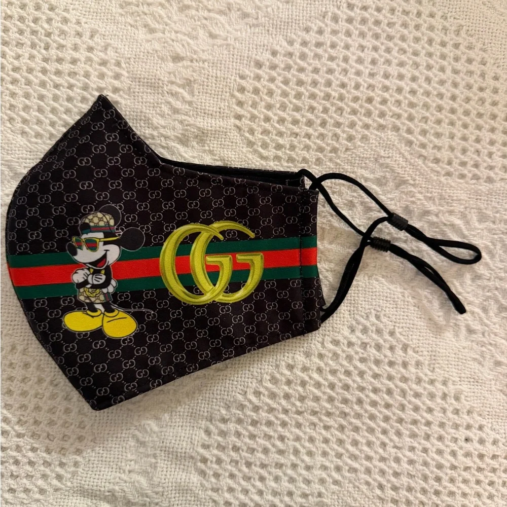 Designer-Inspired Black Face Mask with Yellow Accent and Green-Red Stripe